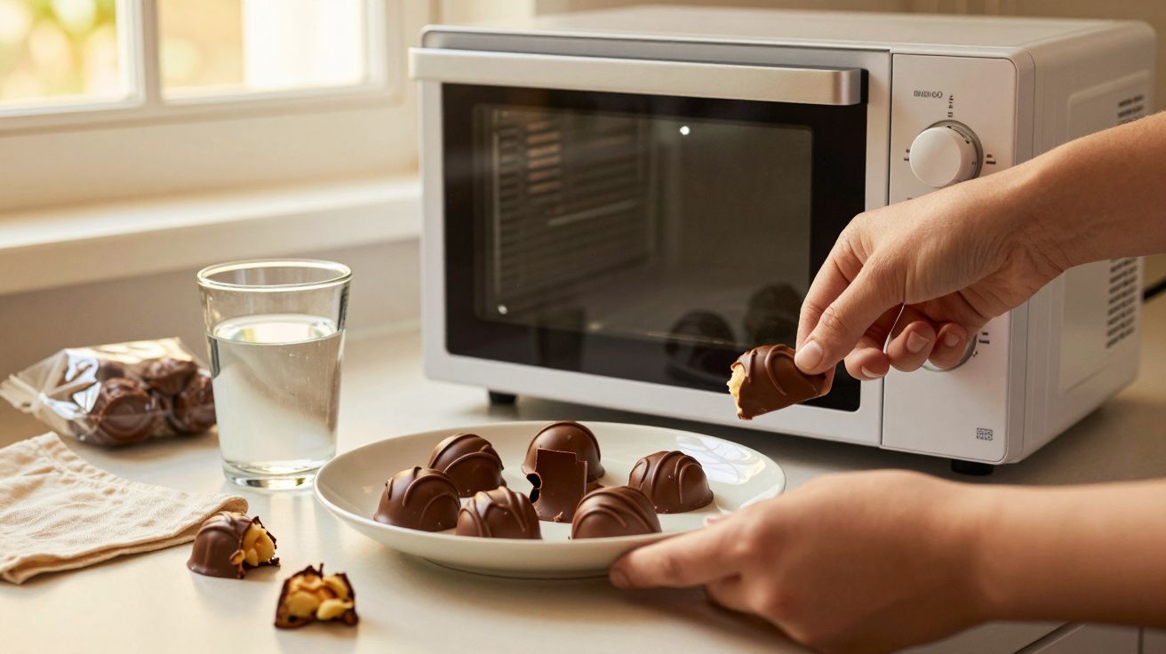 Pessoa coloca chocolates num prato, ao lado de um micro-ondas e um copo de água na bancada de uma cozinha.