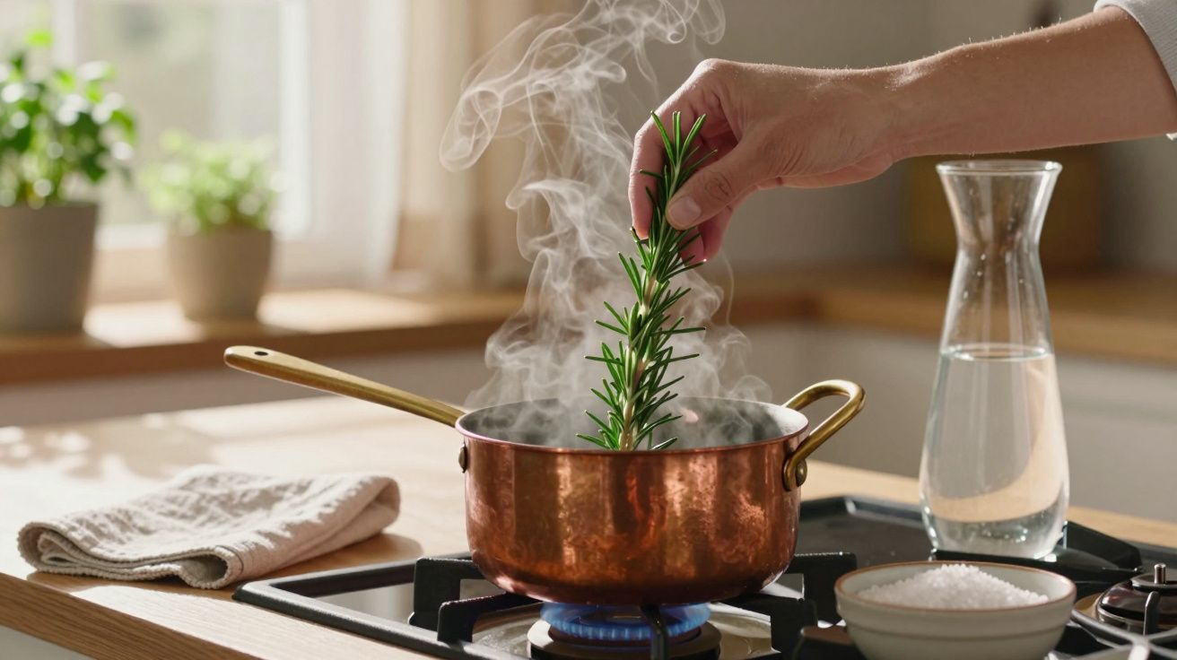Mão adiciona ramo de alecrim a uma panela de cobre com água a ferver numa cozinha iluminada pelo sol.