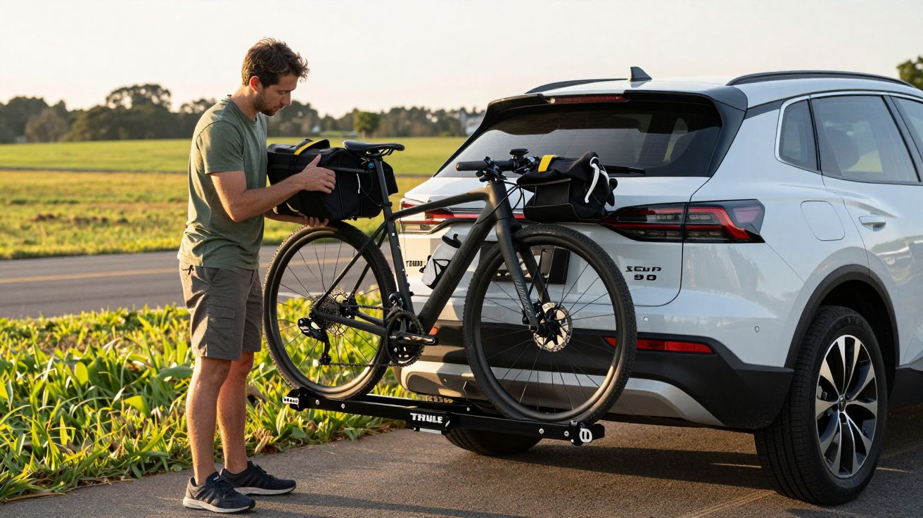 Homem a montar uma bicicleta num porta-bicicletas traseiro de um carro branco estacionado numa estrada rural.