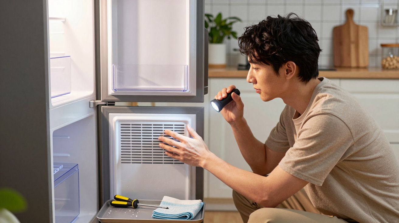 Homem inspecciona frigorífico com lanterna numa cozinha moderna, ferramenta e pano ao lado.