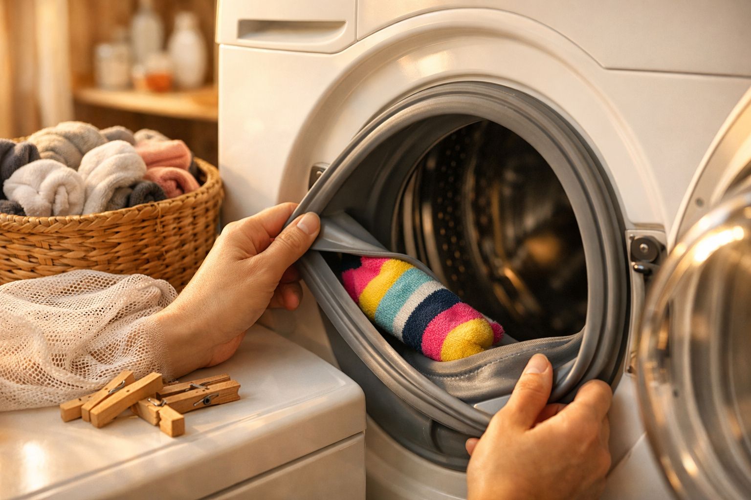 Mulher junto a máquina de lavar, com cesto de roupa, meias penduradas na porta e detergentes ao fundo.