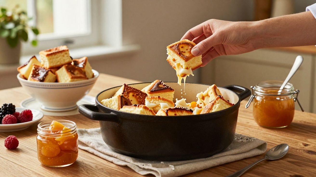 Mão segurando uma fatia de pão com queijo derretido numa panela preta, acompanhada por compota e frutas na mesa.