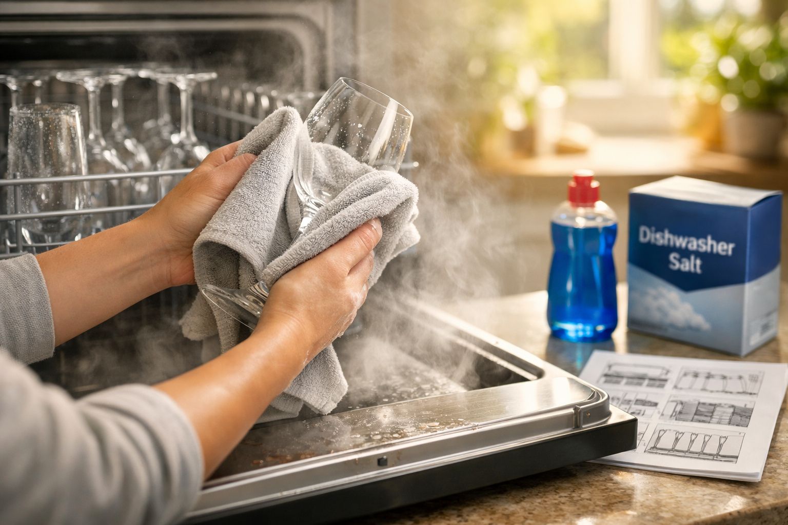 Pessoa a retirar um pano de um balcão, junto a uma máquina de lavar loiça aberta com um copo e pratos.