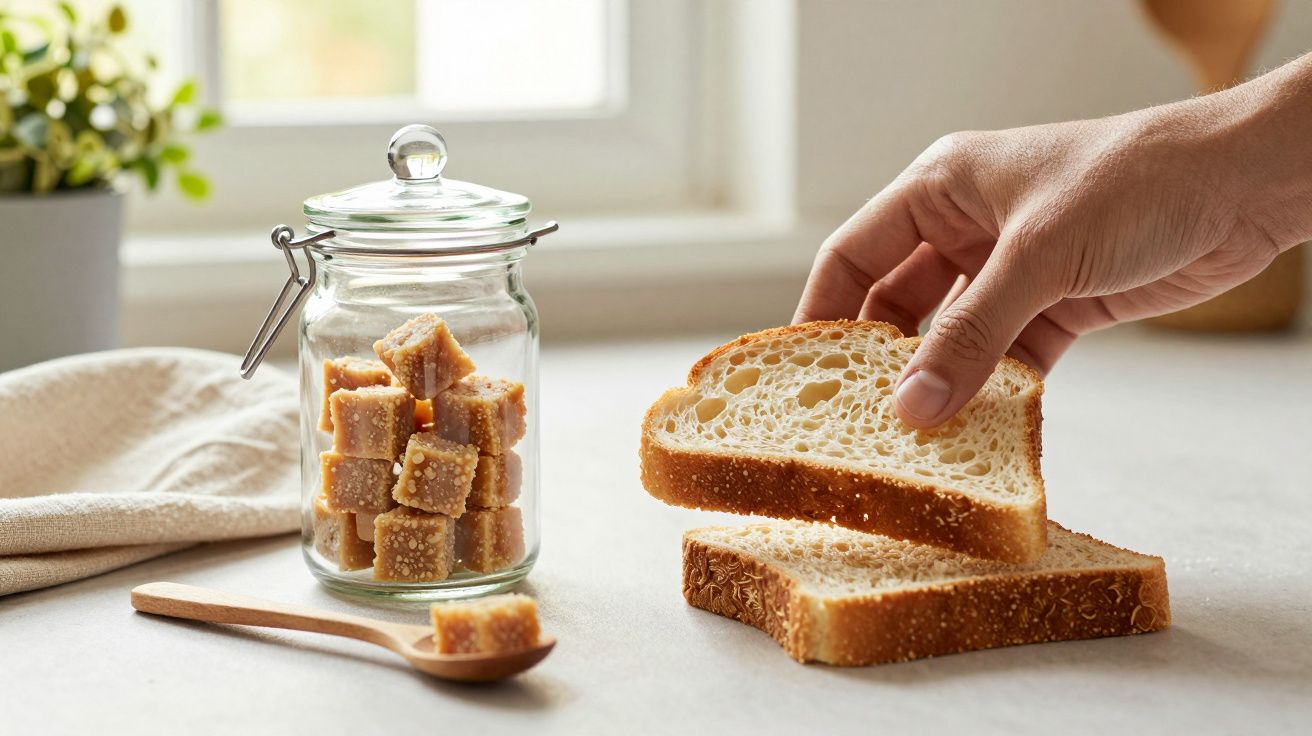 Mão a segurar uma fatia de pão ao lado de um frasco de vidro com cubos de pão.