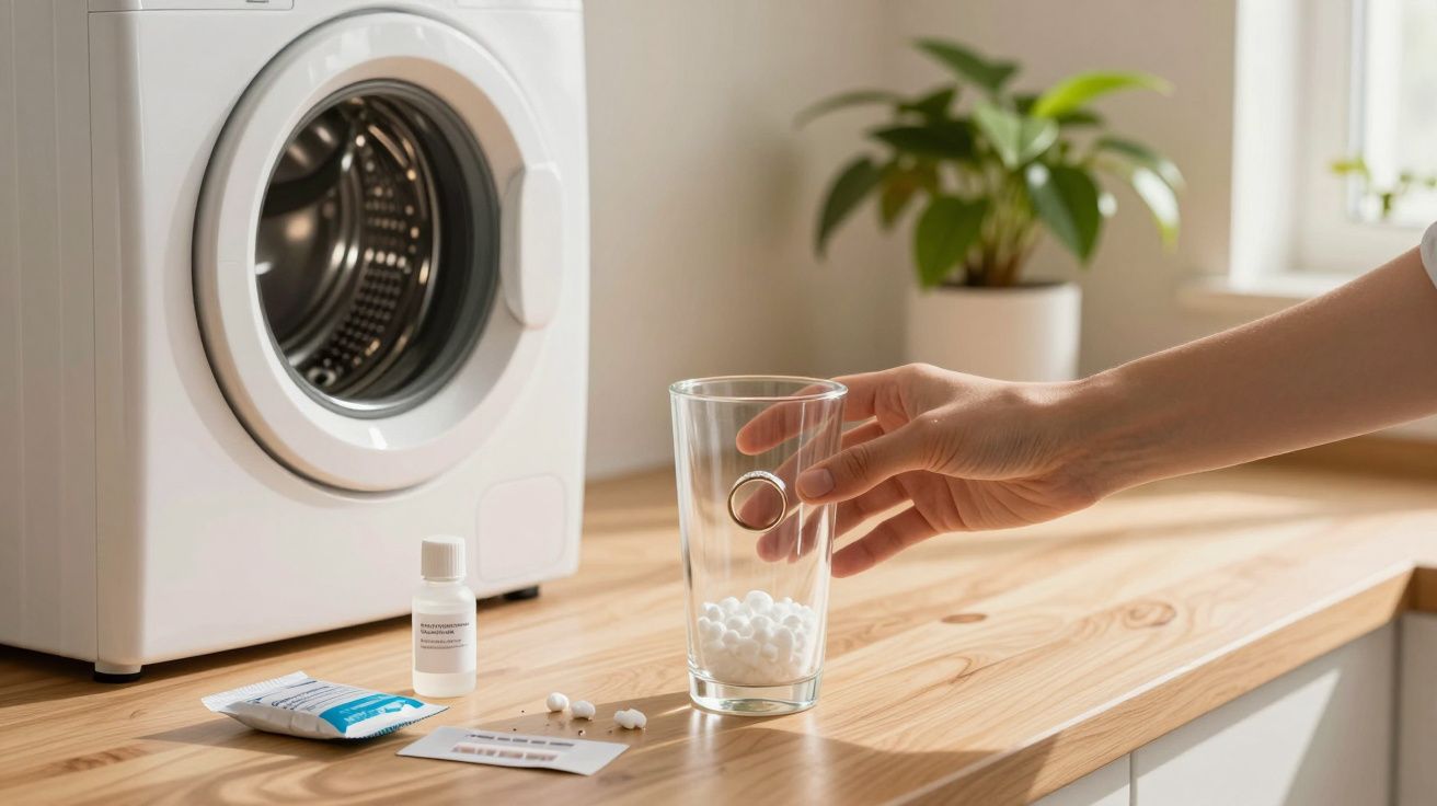 Mão colocando moeda em copo sobre bancada com máquina de lavar ao fundo, rodeada por produtos de limpeza.