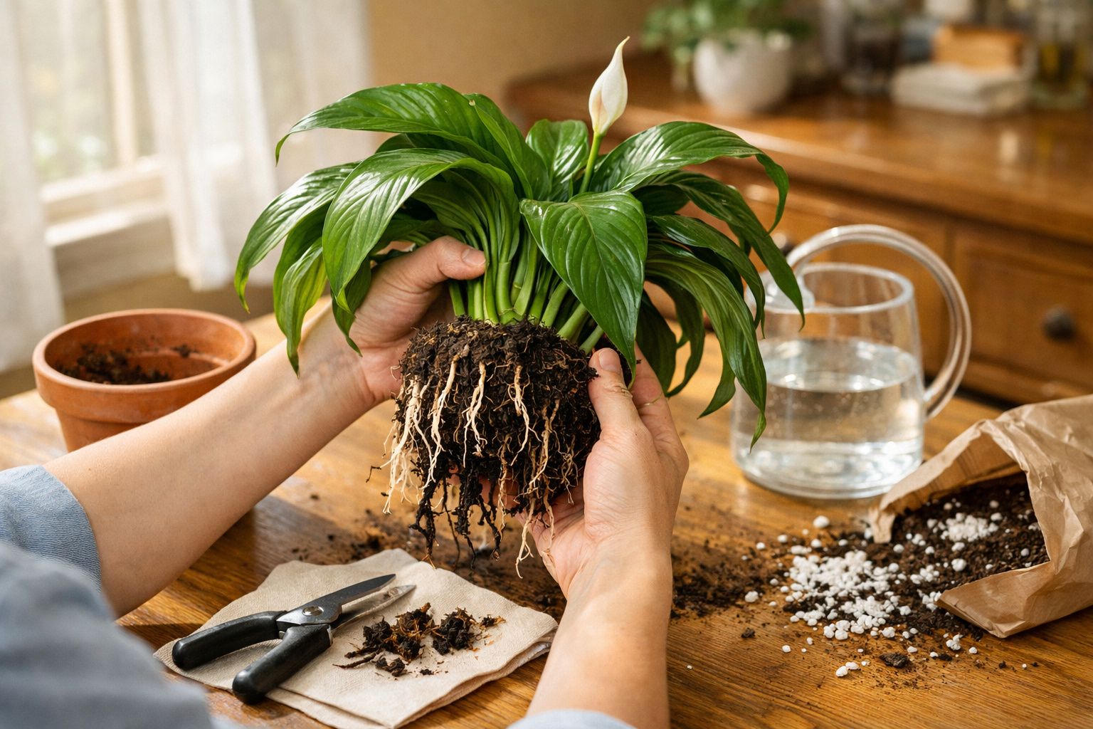 Pessoa a podar raízes de planta com tesoura, preparando para o vaso. Fundo com regador e luz natural suave.