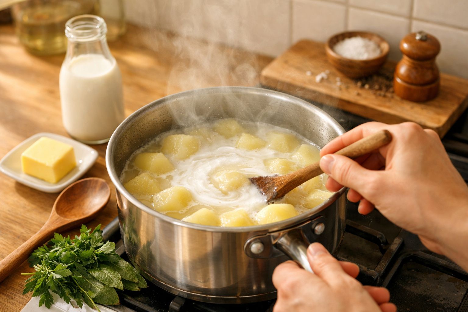 Pessoa a adicionar leite a batatas cozidas numa panela, em cima de uma mesa de madeira, com utensílios de cozinha ao lado.