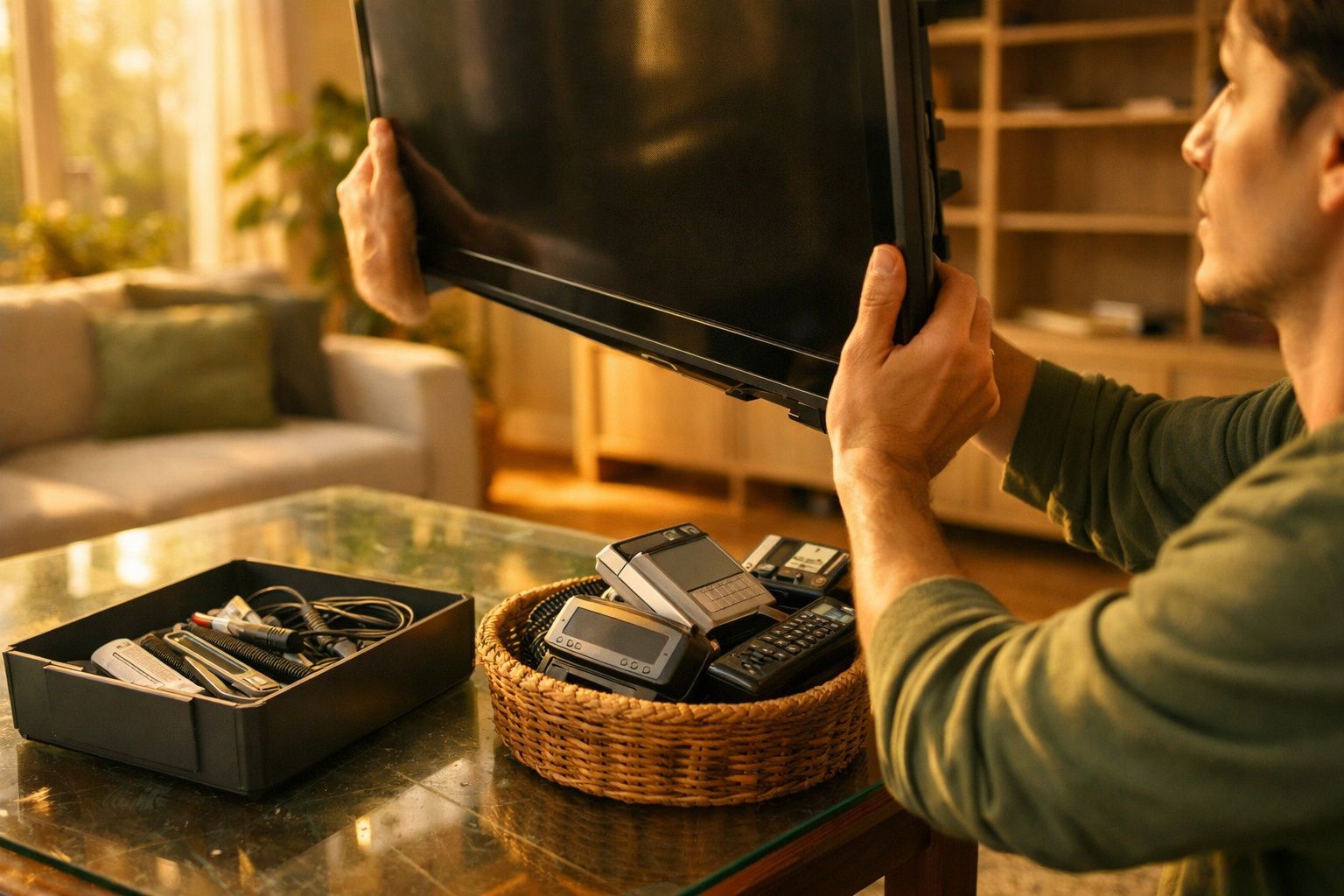 Mulher arruma cabos numa caixa num ambiente acolhedor, com cesto de telecomandos sobre uma mesa e móveis de madeira ao fundo.