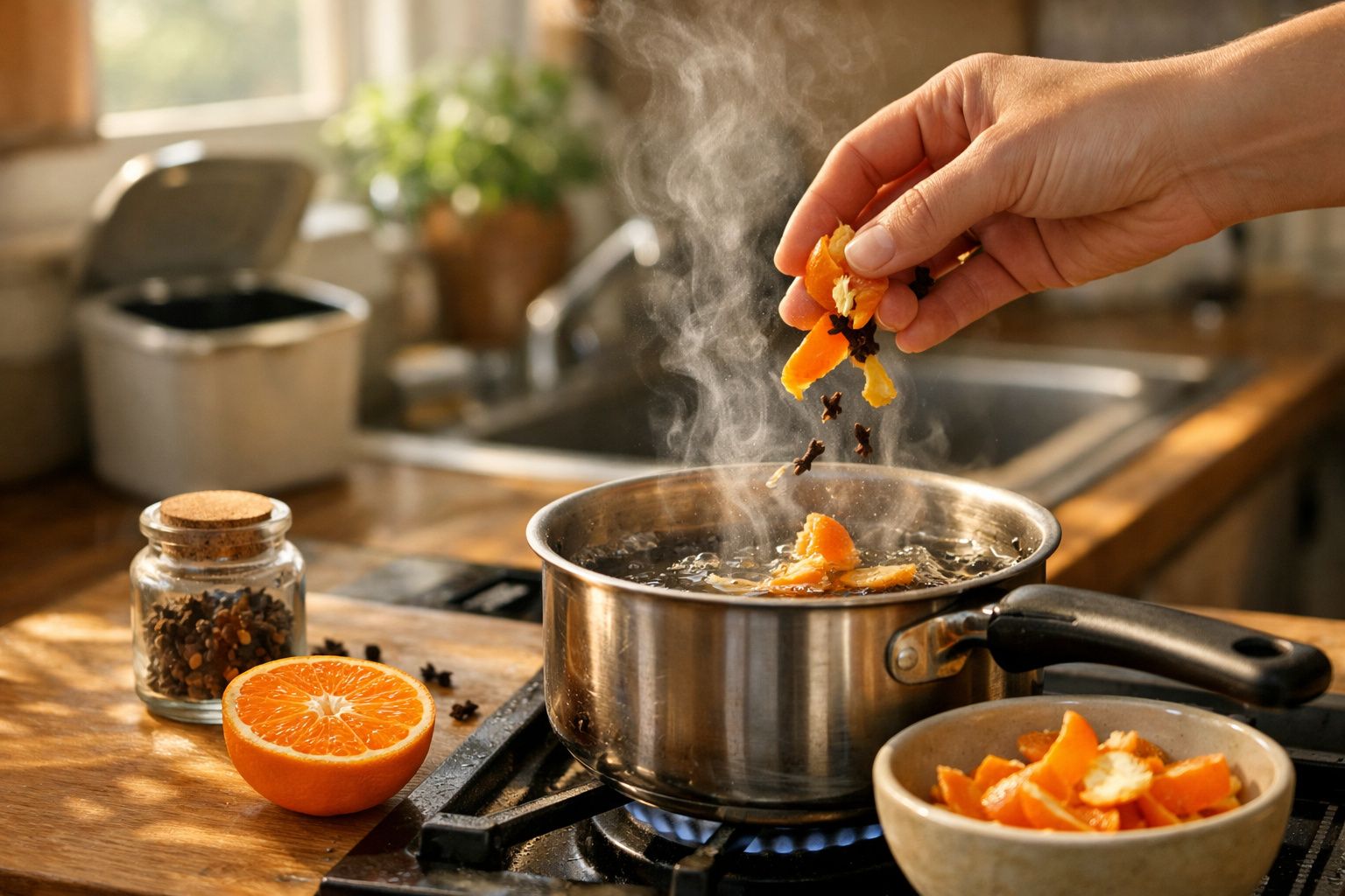 Mãos adicionam casca de laranja e pau de canela a uma panela com água a ferver em cozinha rústica iluminada pelo sol.