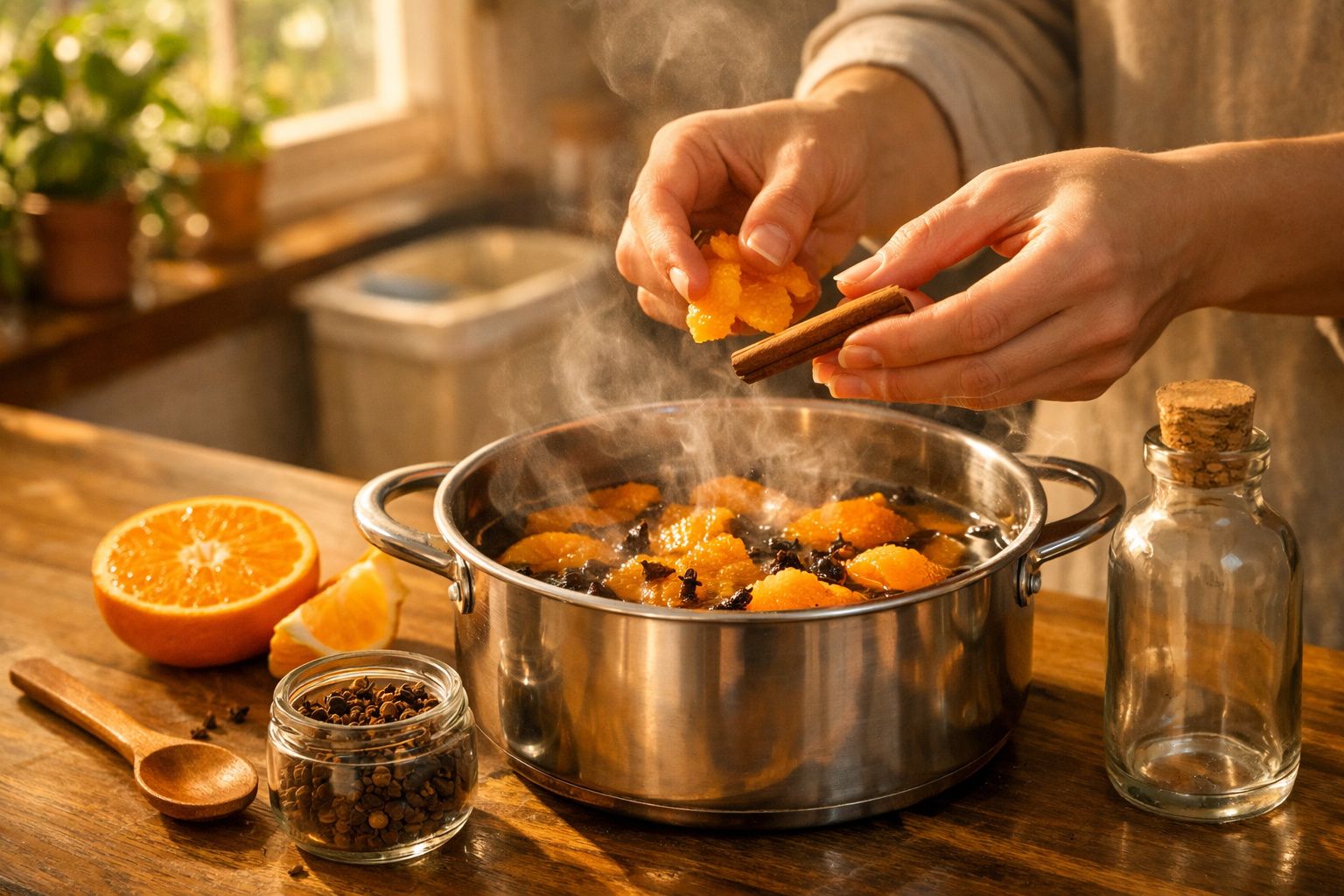 Mãos adicionam cascas de laranja e canela a uma panela fumegante num ambiente de cozinha acolhedor.