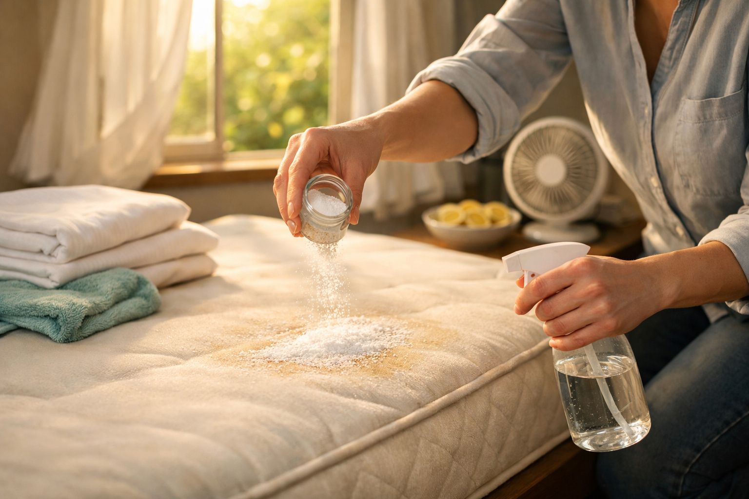 Pessoa limpa mancha num colchão com peneira de pó e spray; toalhas e escova ao lado.