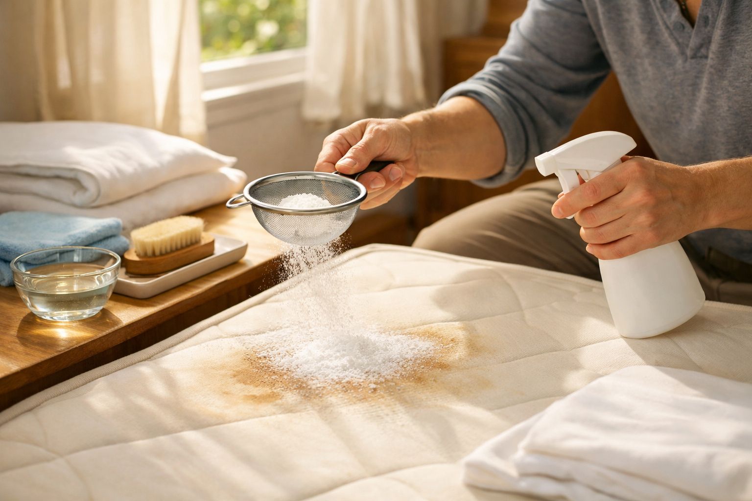 Pessoa limpa colchão com coador e spray sobre mancha castanha. Toalhas, escova e água em mesa ao lado.