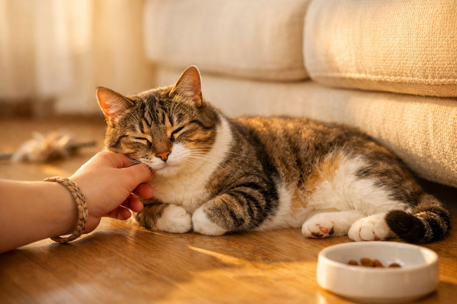 Gato deitado numa mesa ao pôr do sol, encostando a cabeça na mão de uma pessoa.