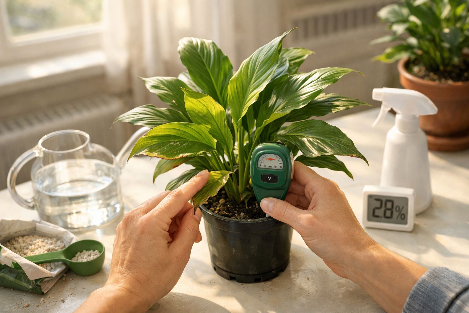 Pessoa a cortar folha de planta com tesoura num vaso, com regador e borrifador em fundo desfocado.